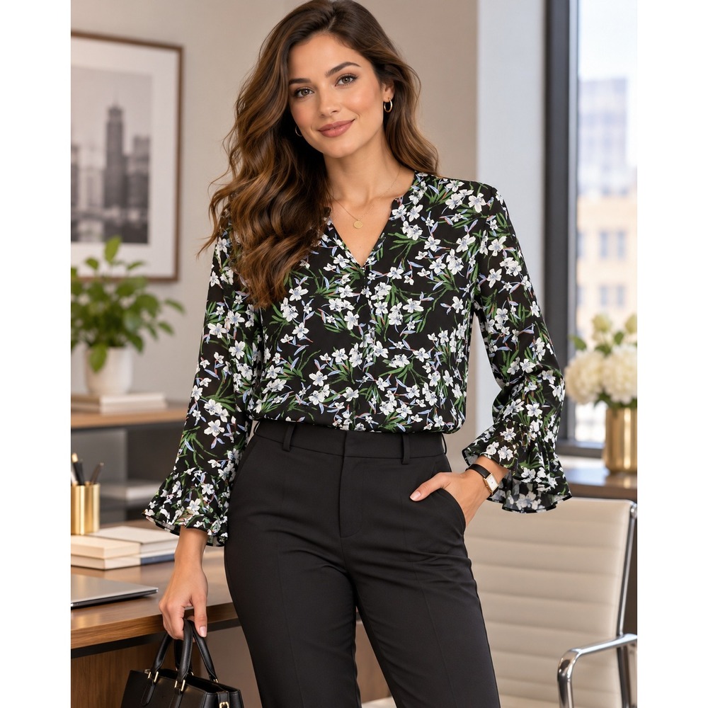 Banana Republic Womens Black Floral Split Neck Ruffle Cuff Blouse Size M